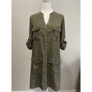 Express Utility Shirt Dress M Green Button Roll Tab Sleeve‎ Pockets Safari Army